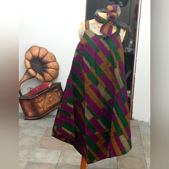 Dress African Print Wide w/Head Tie Either worn as a Belt💚💜💛 - Picture 3 of 3